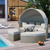 TOPMAX Patio Furniture Round Outdoor Sectional Sofa Set Rattan Daybed Two-Tone Weave Sunbed with Retractable Canopy, Separate Seating and Removable Cushion, Beige