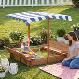 Kids Sandbox with Adjustable Cover, 46'' Wooden Sand Box with 2 Foldable Bench Seats, Outdoor Sandpit for Backyard Play