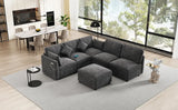 86.6" Sectional Sofa Modular Sofa U-shaped Sofa Couch Sofa Bed L-shaped Sofa with a Movable Ottoman and Two USB Ports for Living Room(Old SKU:N719S001680B), Black