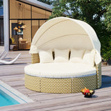 TOPMAX Patio Furniture Round Outdoor Sectional Sofa Set Rattan Daybed Two-Tone Weave Sunbed with Retractable Canopy, Separate Seating and Removable Cushion, Beige