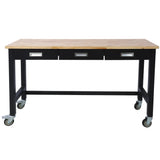60in Work Bench, Workbench with Drawer Storage, Heavy Duty Bamboo Wood Work Table with Wheels for Garage Home Office