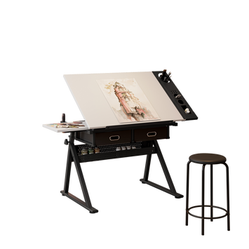 adjustable drawing drafting table desk with 2 drawers for home office and school with stool(white)
