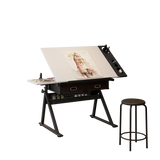 adjustable drawing drafting table desk with 2 drawers for home office and school with stool(white)