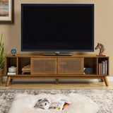 67.9 Inch Mid Century Modern Rattan TV Stand for TVs up to 75", Entertainment Cabinet, Media Console for Living Room Media Room, Solid Wood Feet & Rattan Cabinet Doors - Light Walnut