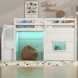 Twin Size Loft Bed with Storage Staircase and Window, With LED Light, Gray