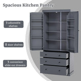 [Assembly Video Provided]TOPMAX 77inch Farmhouse Kitchen Pantry, Freestanding Tall Cupboard Storage Cabinet with 3 Adjustable Shelves, 8 Door Shelves, 3 Drawers for Kitchen, Dining Room, Gray