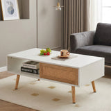 41.34" Rattan Coffee table, sliding door for storage, solid wood legs, Modern table  for living room ,White