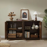 4 Door Accent Cabinet with Solid Wood Carved Doors, Adjustable Shelves, Push to Open Storage Cabinet with Cable Management, Ash Veneer Sideboard for Living Room,