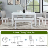 6 Piece Wooden Dining Table Set, Wooden Dining Table with 4 Upholstered Chairs and Bench for 6 People, Rectangular Dining Table Set with Crystal Decoration for Kitchen, Dining Room, White