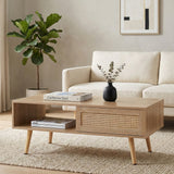 41.34" Rattan Coffee table, sliding door for storage, solid wood legs, Modern table  for living room , natural