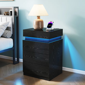 Nightstand with Built-In Charging Station and LED Lighting, 3-Drawer Sliding-Top Modern Bedside Table, Black Wooden End Table
