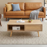 41.34" Rattan Coffee table, sliding door for storage, solid wood legs, Modern table  for living room , natural