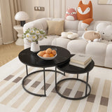 Nesting Coffee Table Set of 2, 27.6inch Round Coffee Table Wood Marble Pattern Top with Sturdy Metal Frame, End Table Side Tables for Living Room Bedroom Balcony Yard (Black)