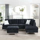 Sectional 3-Seaters Sofa with Chaise, Storage Ottoman, Metal Legs and Copper Nails,Two White Pillows ,Navy Bule(102" x 76" x35")