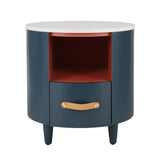 Contemporary & Modern Round Nightstand with Storage Drawer, Sofa End Table with Open Storage Shelf, Bedside Table with Curved Design for Living Room & Bedroom, Easy Assembly, Blue