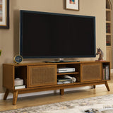 67.9 Inch Mid Century Modern Rattan TV Stand for TVs up to 75", Entertainment Cabinet, Media Console for Living Room Media Room, Solid Wood Feet & Rattan Cabinet Doors - Light Walnut