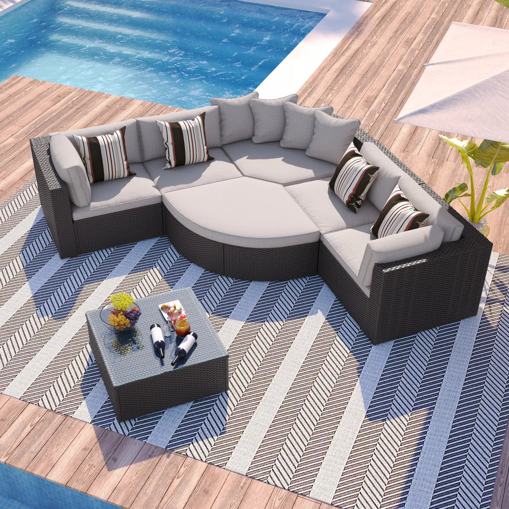 GO 7-piece Outdoor Wicker Sofa Set, Rattan Sofa Lounger, With  Colorful Pillows, Conversation Sofa, For Patio, Garden, Deck, Brown Wicker