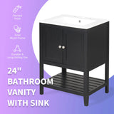 [VIDEO] 24" Black Modern Sleek Bathroom Vanity Elegant Ceramic Sink with Solid Wood Frame Open Style Shelf