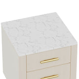 Upholstered Wooden Nightstand with 3 Drawers and Metal Legs&Handles, Bedside Table with Marbling Stickers Worktop - Beige