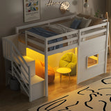 Twin Size Loft Bed with Storage Staircase and Window, With LED Light, Gray