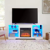 TV Stand Electric Fireplace  Glass Shelves, 3D Fireplace TV Stand with LED Lights Wood with USB Charging Outlet Modern Television Table Center for TV up to 62" White, 58''W*15.4''D*24.6