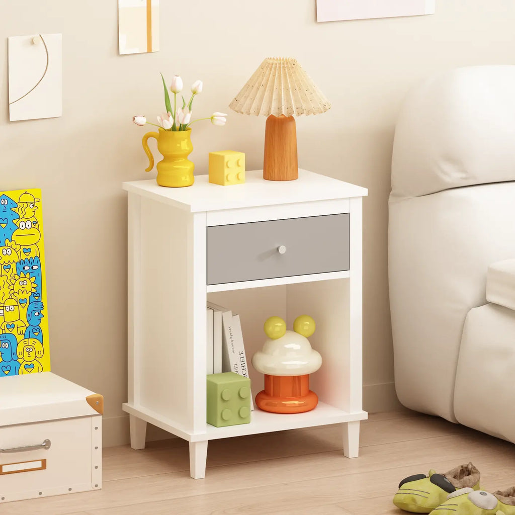 26.77''H Wooden Nightstand with One Drawer One Shelf for Kids, Adults,Gray+Silver handle