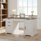 59" Farmhouse Office Desk With  Charging Station & Storage Cabinet, Barn Door Design Home Office Study Desk with File Drawer, Monitor Stand and Keyboard Tray for Office, Study, Living Room, White