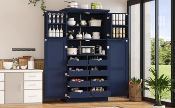 [Assembly Video Provided] TOPMAX 35.5x17.6x70.9inch Freestanding Kitchen Pantry Cabinet, Tall Storage Cabinet with 4 Doors, 2 Door Shelves, 8 Pull-out Trays and Adjustable Shelf for Dining Room, Blue