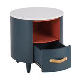 Contemporary & Modern Round Nightstand with Storage Drawer, Sofa End Table with Open Storage Shelf, Bedside Table with Curved Design for Living Room & Bedroom, Easy Assembly, Blue
