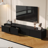 ON-TREND Luxury Fluted TV Stand for TVs Up to 85", Faux Marble Tabletop Media Console with 4 Drawers, Curved Profile Design, Modern Entertainment Center with Gold Base for Living Room, Black