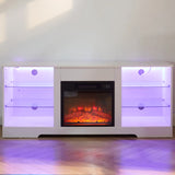 TV Stand Electric Fireplace  Glass Shelves, 3D Fireplace TV Stand with LED Lights Wood with USB Charging Outlet Modern Television Table Center for TV up to 62" White, 58''W*15.4''D*24.6