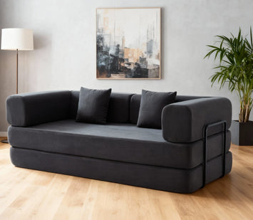 Convertible Sleeper Sofa Bed with Cylindrical Pillow, Corduroy Folding Mattress Couch with Fixed-Shape Frame, Floor Sofa Lounge Couch for Living Room Bedroom Lounge Studio (Grey)