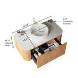 DINA 36" Bathroom Vanity&Sink, Floating Curved Edges Striped Bathroom Storage Cabinet with Drawer, White Round Ceramic Basin&Carrara White Artificial Marble Top, Pre-assembled, Natural Woodgrain Color