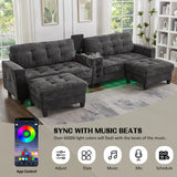 Modern Sectional Sofa 126" U-shaped Sectional Sofa Modular Sectional Couch with Movable Storage Ottomans, multifunctional Console, Bluetooth Speakers and LED Lights for Living Room, Grey