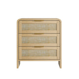 Rattan Nightstand 3 Drawers, 22.8" Wide Curved Wooden Bedside Table, Modern Storage for Bedroom, Natural Oak.