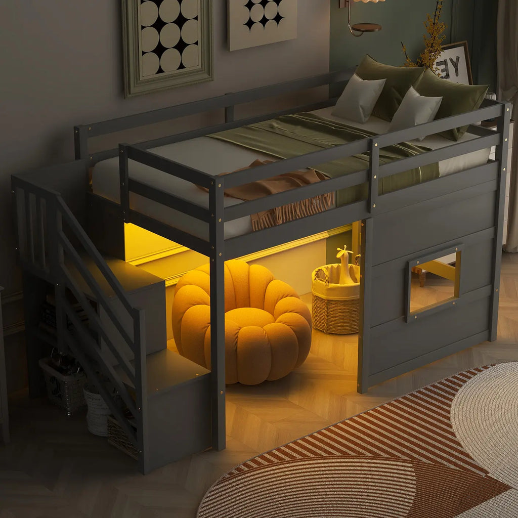 Twin Size Loft Bed with Storage Staircase and Window, With LED Light, Gray