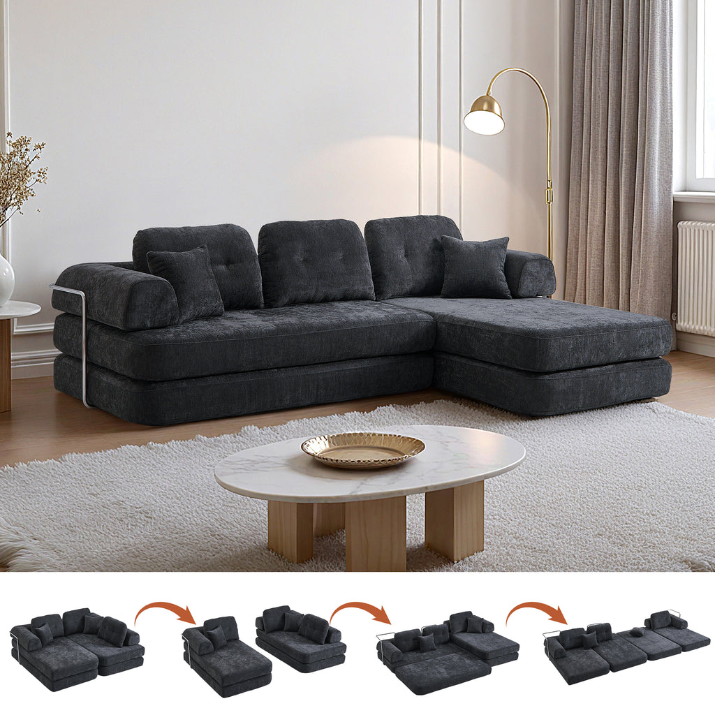 104" Boneless sofa,Sectional Compressed Couch with Chaise, Deep Seat Modular Sectional Sofa Chenille Memory Foam Sofa Boneless Couches for Living Room Bedroom, No Assembly Required