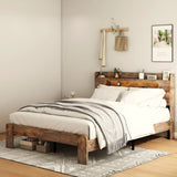 Bed Frame Queen Size, Wood Platform Bed Frame with Storage LED Light Headboard and 2 USB , Noise Free,No Box Spring Needed and Easy Assembly Tool,Large Under Bed Storage,Dark Brown