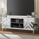 Mirrored TV Stand for 65+ inch TV,Sliver TV Console Table with Open Storage & 2 Storage Cabinets ,M Shape Sparkling Mirror Doors for Living Room(59''W x 25.2''H x 15.7D)