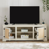 Farmhouse Rattan TV Stand Console Table for TVs up to 70 Inches, TV Console Table with 2 Storage Shelves, 2 Natural Rattan Door Cabinets, 65"W*15.55"D*23.86"H, Gray