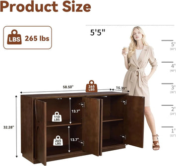 4 Door Accent Cabinet with Solid Wood Carved Doors, Adjustable Shelves, Push to Open Storage Cabinet with Cable Management, Ash Veneer Sideboard for Living Room,