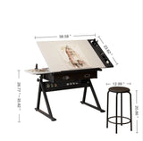 adjustable drawing drafting table desk with 2 drawers for home office and school with stool(white)