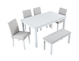 6 Piece Wooden Dining Table Set, Wooden Dining Table with 4 Upholstered Chairs and Bench for 6 People, Rectangular Dining Table Set with Crystal Decoration for Kitchen, Dining Room, White