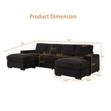 122"L Sectional Sofa Deep Seat Sofa Couch with Ottomans, Corduroy Sofa Sleeper for Living Room, Apartment, Office, Modern, Small Space, Easy Assembly(4-Seat & 2-Ottoman, Black)