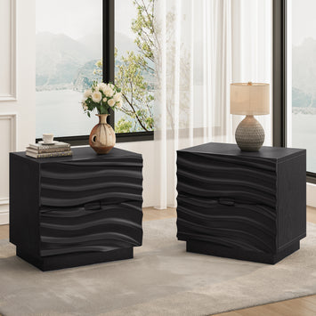 Solid Wood Nightstands Set of 2, Bedside Table with 2 Drawers, No Handles, Sofa End Table for Living Room, Bedrooms,Black