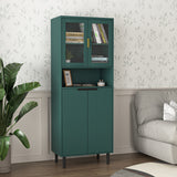 Tempered Glass Door Tall Storage Bookcase with adjustable board, 4 doors MDF painting finished cabinet, Navy Blue, Living room Bedroom storage