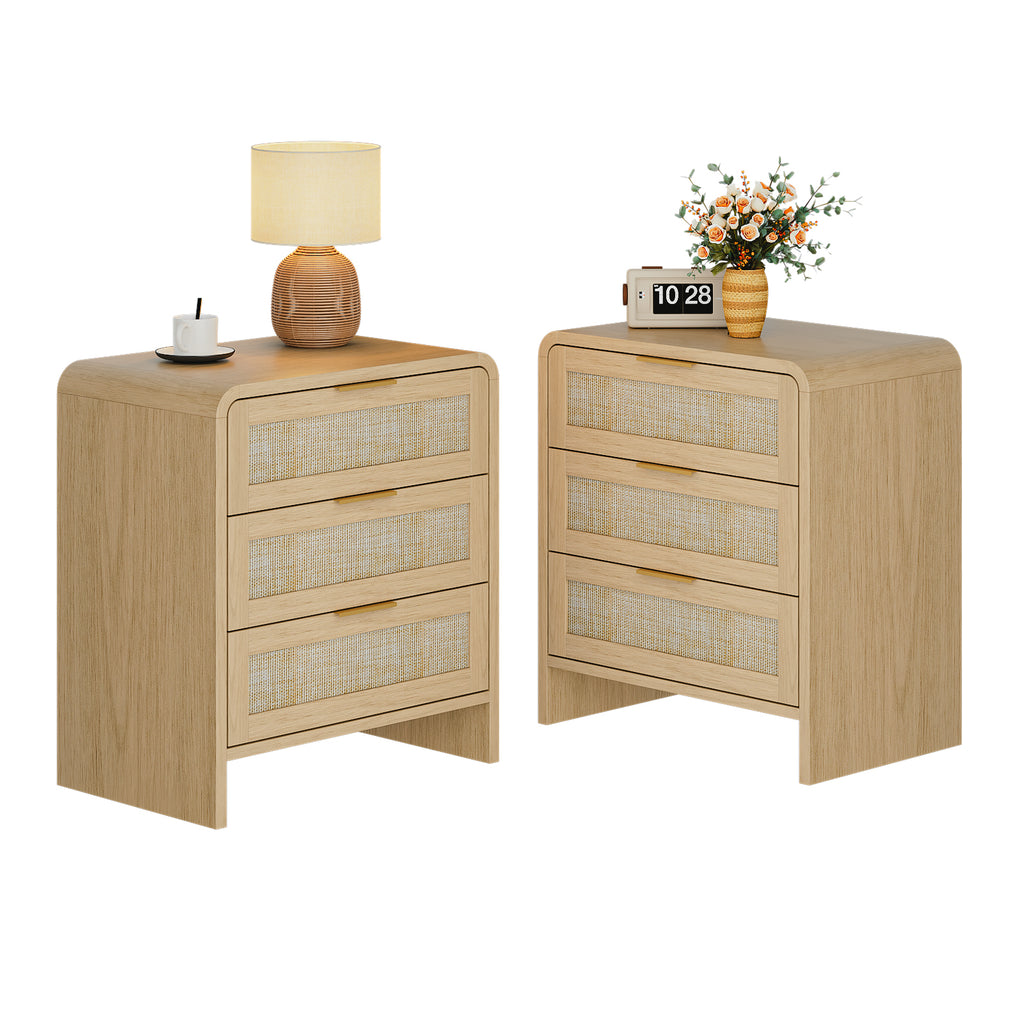 Rattan 3 Drawers Nightstand set of 2,  22.8" Wide Curved Wooden Bedside Table, Modern Storage for Bedroom, Natural Oak.