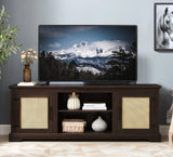 Farmhouse Rattan TV Stand Console Table for TVs up to 70 Inches, TV Console Table with 2 Storage Shelves, 2 Natural Rattan Door Cabinets, 65"W*15.55"D*23.86"H, Gray