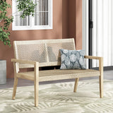 Outdoor Wicker and Acacia Wood Loveseat, Light Multibrown and Light Brown, 34'' H X 46.5'' W X 27.25'' D