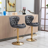 Set of 2  Bar Stools,with Chrome Footrest and Base Swivel Height Adjustable Mechanical Lifting Velvet + Golden Leg Simple Bar Stool-Green